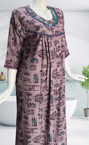 Purple Abstract Spun Long Sleeves Nighty. Flowy Spun Fabric | Laces and Frills