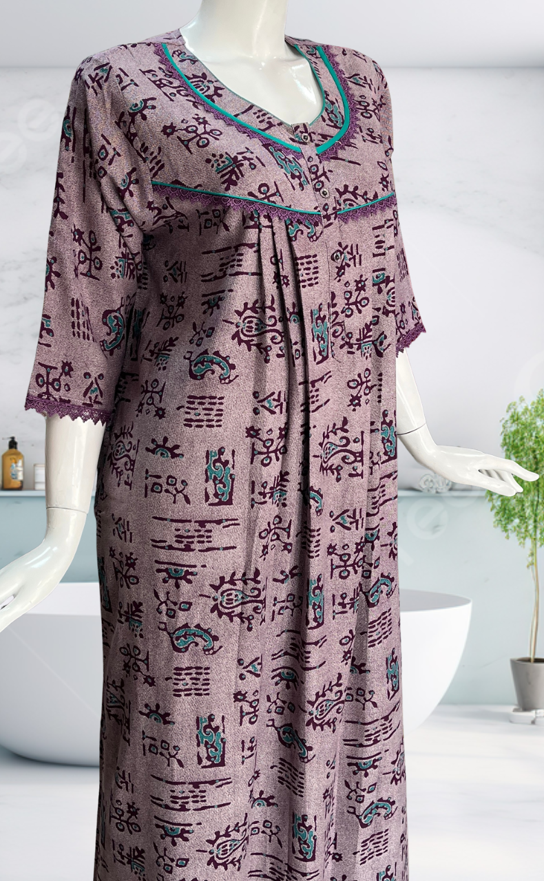 Purple Abstract Spun Long Sleeves Nighty. Flowy Spun Fabric | Laces and Frills
