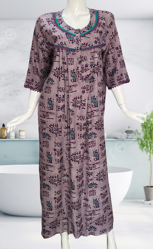 Purple Abstract Spun Long Sleeves Nighty. Flowy Spun Fabric | Laces and Frills