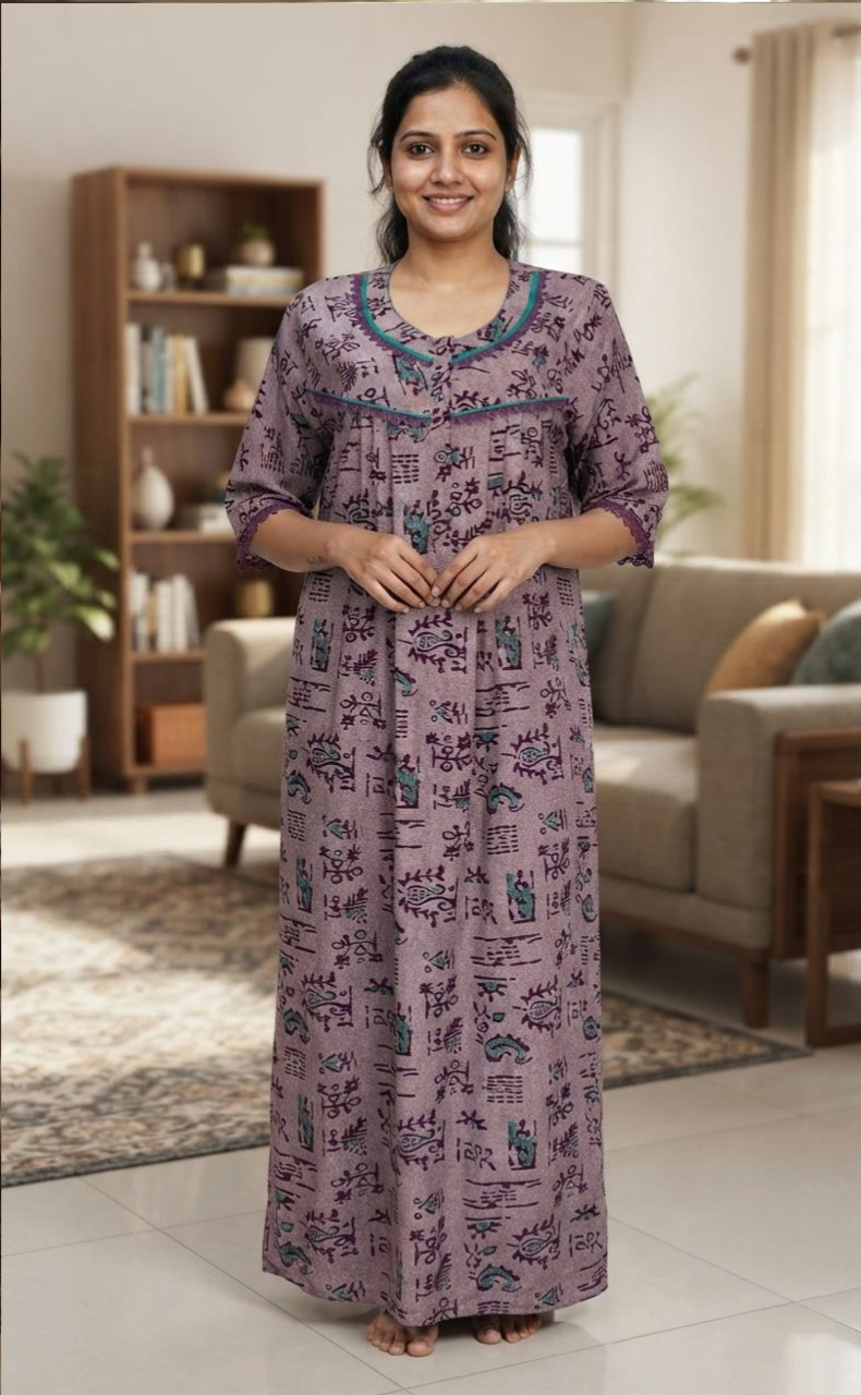 Purple Abstract Spun Long Sleeves Nighty. Flowy Spun Fabric | Laces and Frills