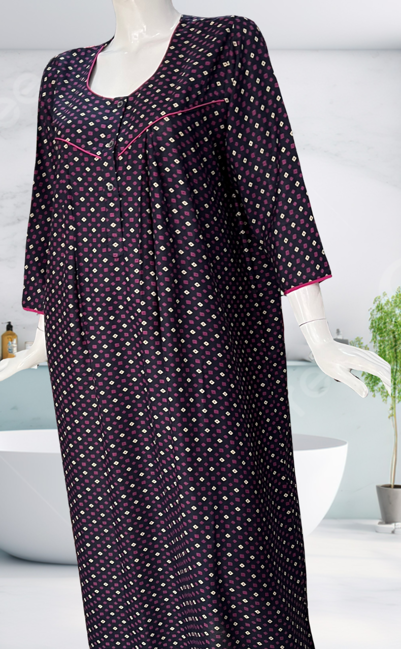 Navy Blue Bandini Spun Long Sleeves Nighty. Flowy Spun Fabric | Laces and Frills