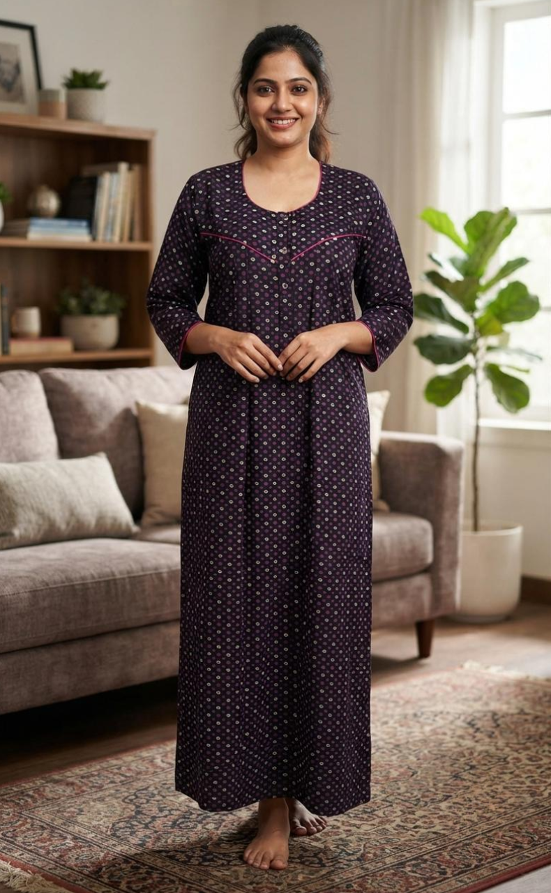 Navy Blue Bandini Spun Long Sleeves Nighty. Flowy Spun Fabric | Laces and Frills