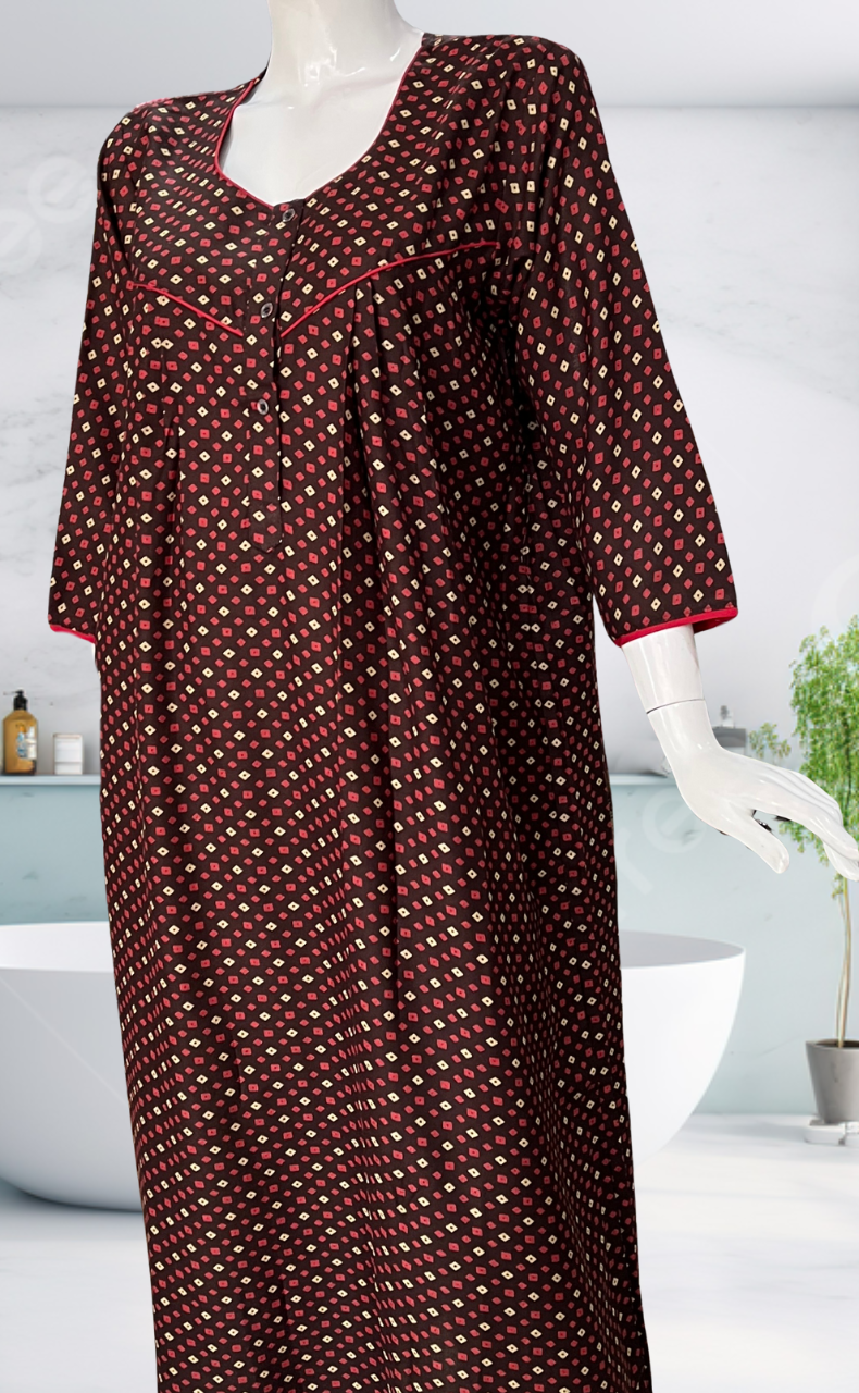 Brown Bandini Spun Long Sleeves Nighty. Flowy Spun Fabric | Laces and Frills