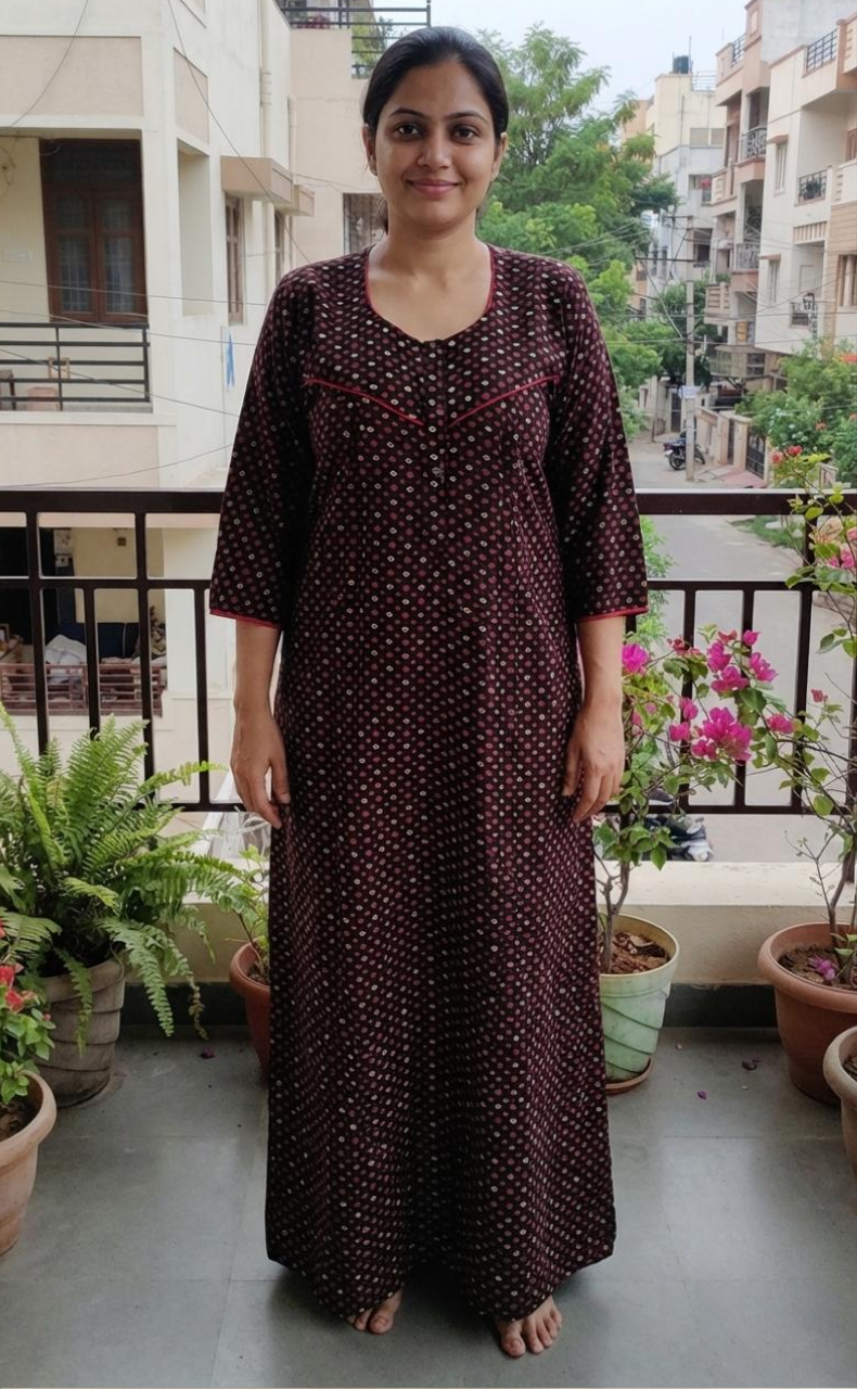 Brown Bandini Spun Long Sleeves Nighty. Flowy Spun Fabric | Laces and Frills