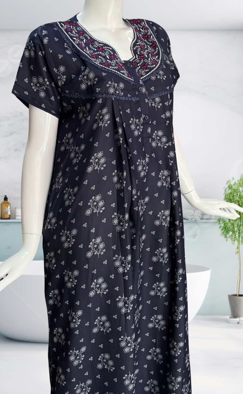 Navy Blue Floral Spun Nighty. Flowy Spun Fabric | Laces and Frills