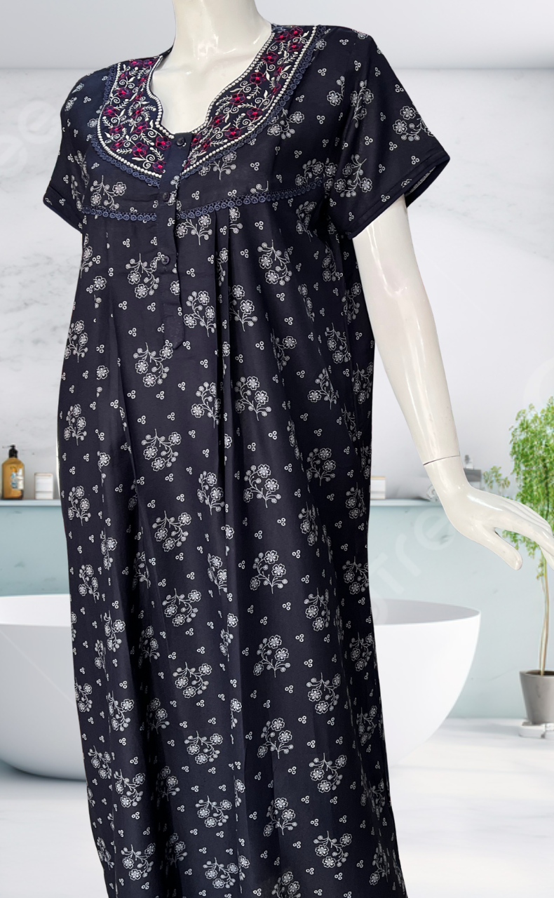 Navy Blue Floral Spun Nighty. Flowy Spun Fabric | Laces and Frills
