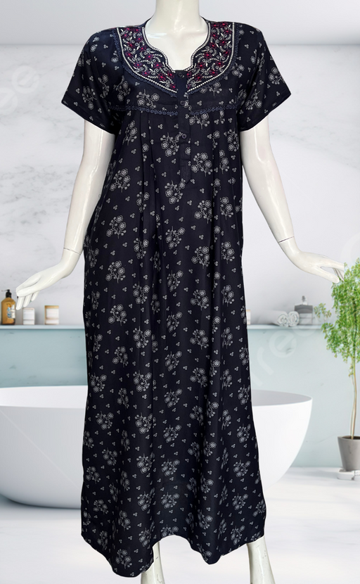 Navy Blue Floral Spun Nighty. Flowy Spun Fabric | Laces and Frills