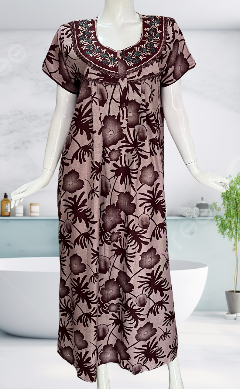 Maroon Garden Spun Nighty. Flowy Spun Fabric | Laces and Frills