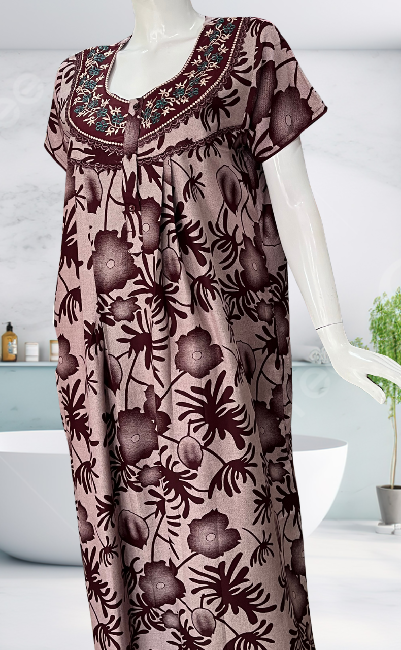 Maroon Garden Spun Nighty. Flowy Spun Fabric | Laces and Frills