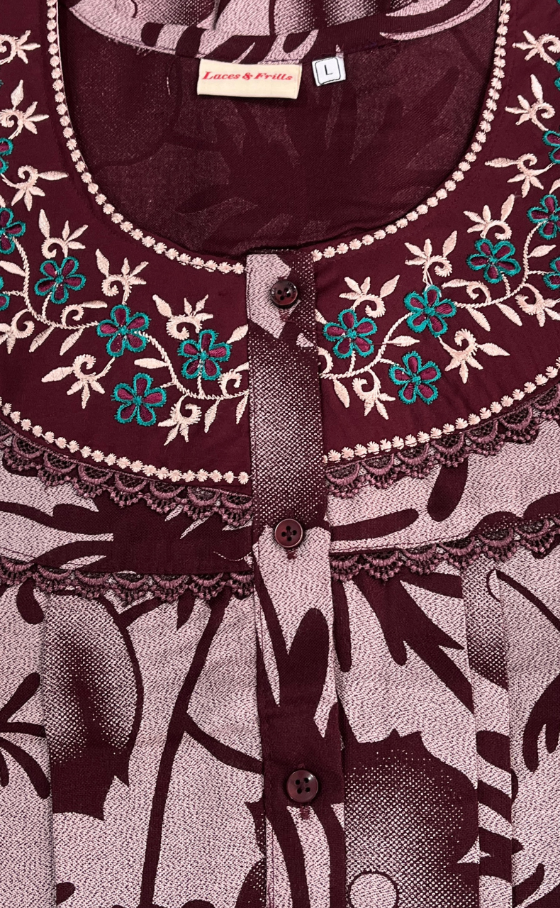 Maroon Garden Spun Nighty. Flowy Spun Fabric | Laces and Frills