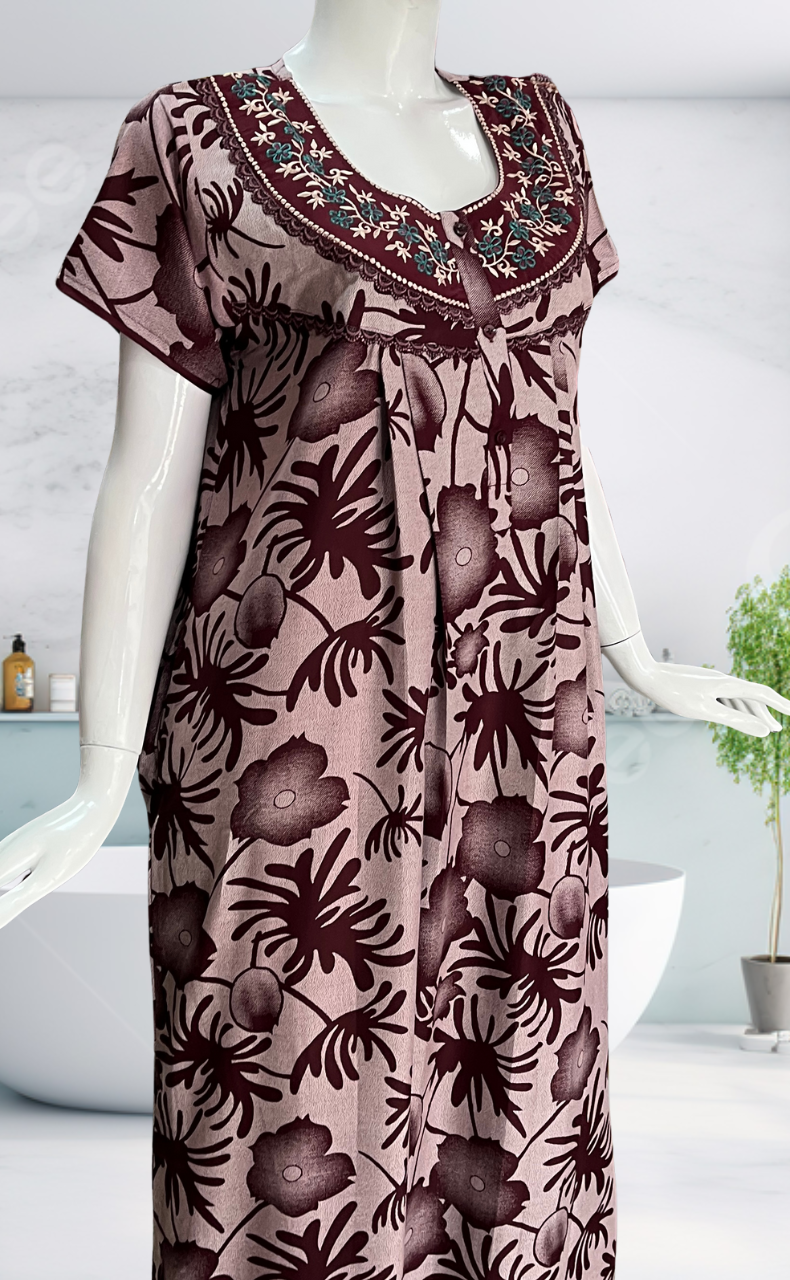 Maroon Garden Spun Nighty. Flowy Spun Fabric | Laces and Frills