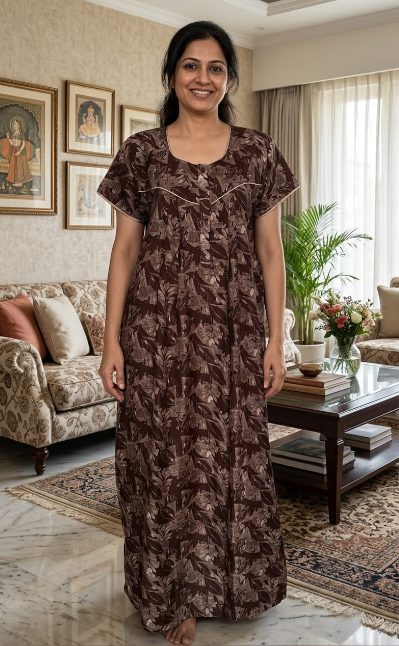 Brown Leafy Spun Nighty. Flowy Spun Fabric | Laces and Frills
