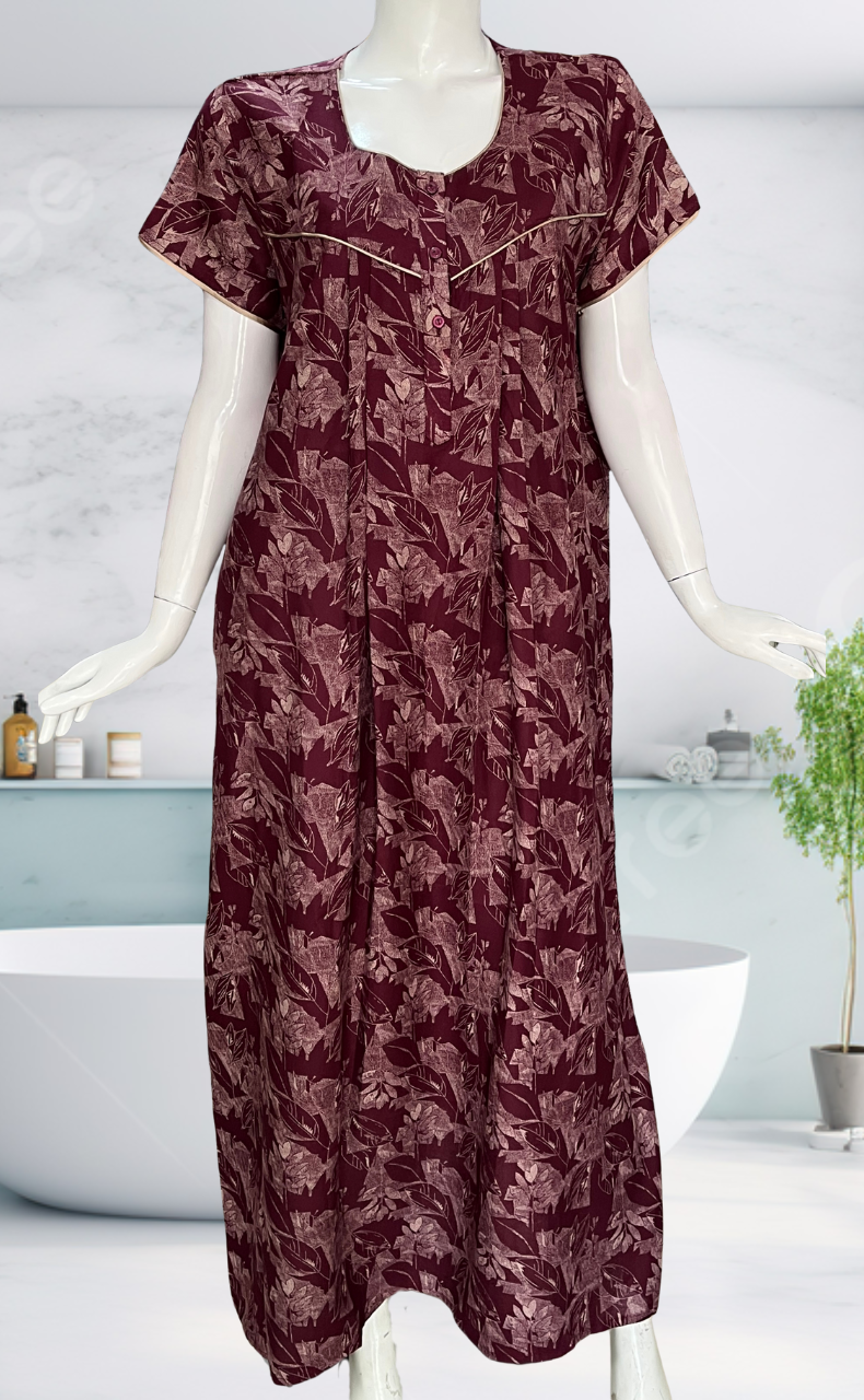 Maroon Leafy Spun Nighty. Flowy Spun Fabric | Laces and Frills - Laces and Frills