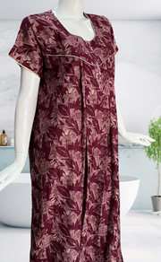 Maroon Leafy Spun Nighty. Flowy Spun Fabric | Laces and Frills - Laces and Frills
