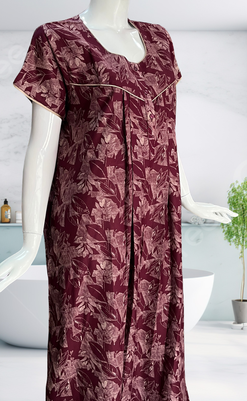 Maroon Leafy Spun Nighty. Flowy Spun Fabric | Laces and Frills - Laces and Frills