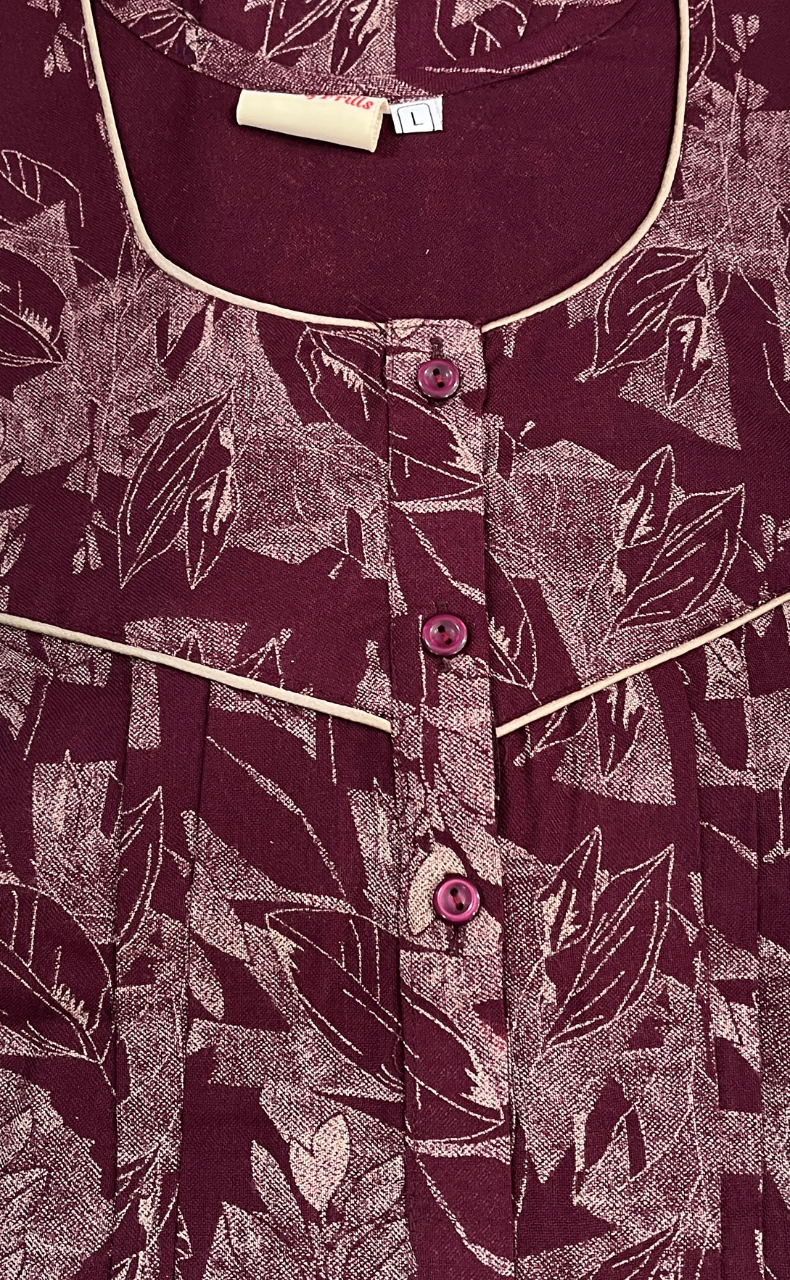 Maroon Leafy Spun Nighty. Flowy Spun Fabric | Laces and Frills - Laces and Frills