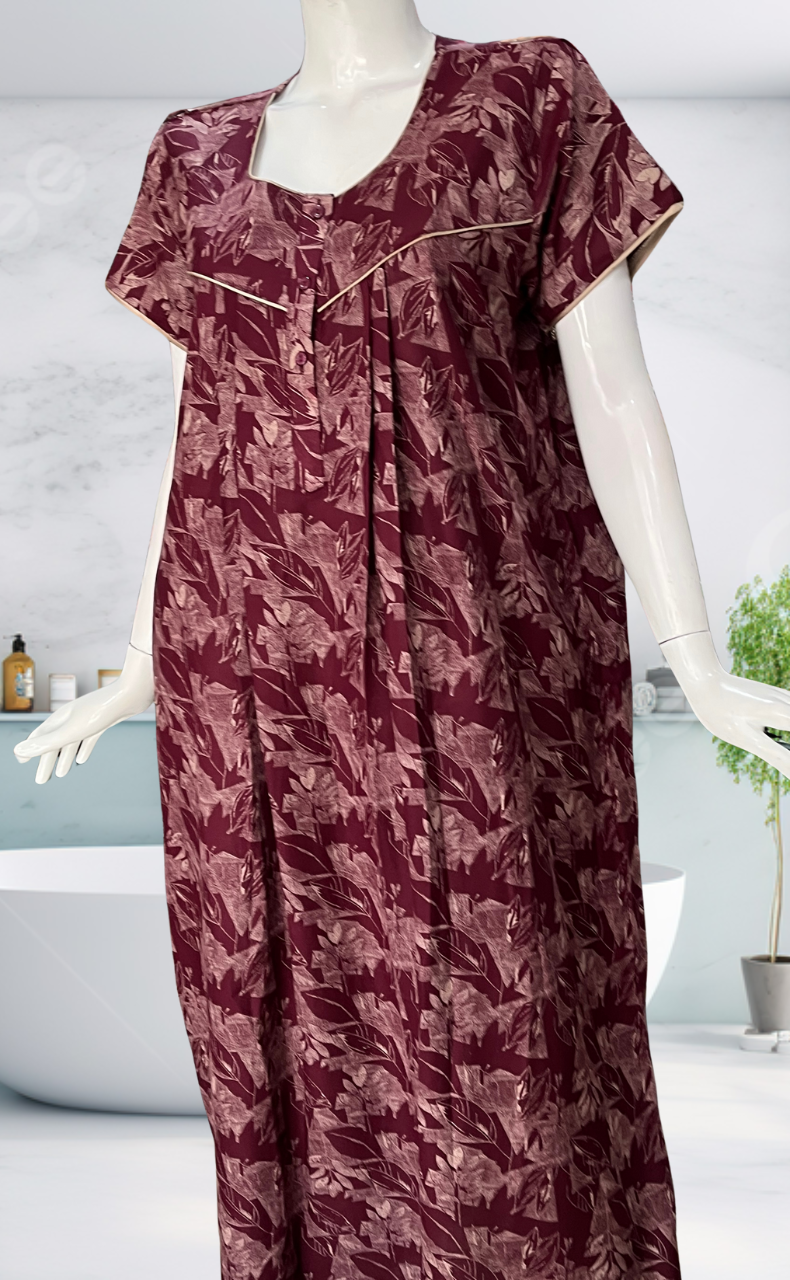 Maroon Leafy Spun Nighty. Flowy Spun Fabric | Laces and Frills - Laces and Frills