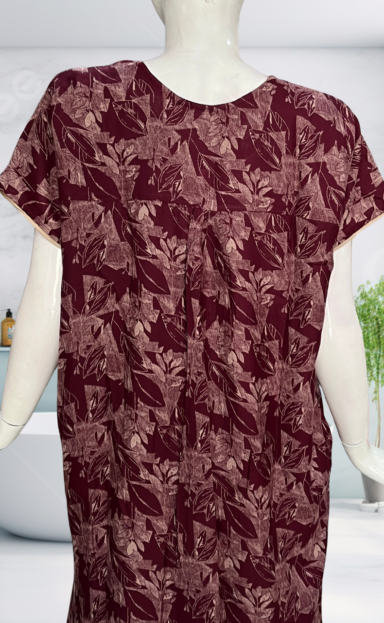 Maroon Leafy Spun Nighty. Flowy Spun Fabric | Laces and Frills - Laces and Frills