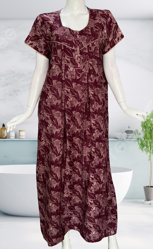 Maroon Leafy Spun Nighty. Flowy Spun Fabric | Laces and Frills - Laces and Frills