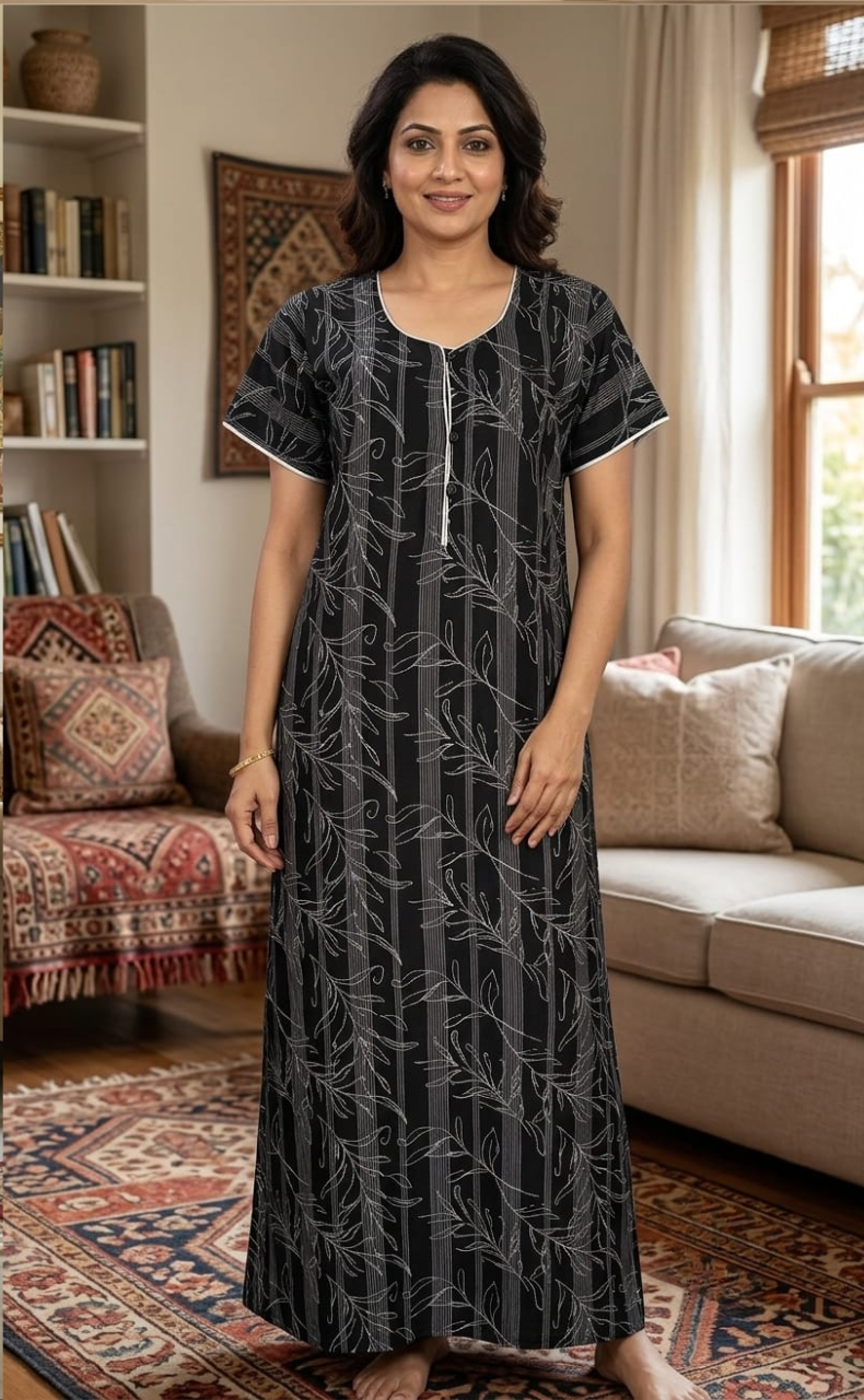 Black Leafy Spun Nighty. Flowy Spun Fabric | Laces and Frills