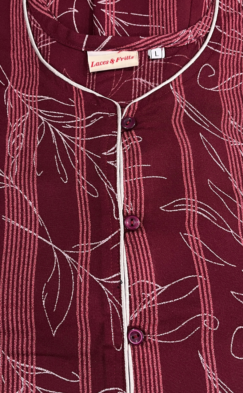 Maroon Leafy Spun Nighty. Flowy Spun Fabric | Laces and Frills