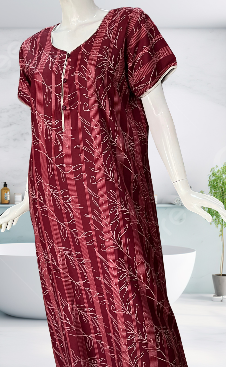 Maroon Leafy Spun Nighty. Flowy Spun Fabric | Laces and Frills