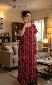 Maroon Leafy Spun Nighty. Flowy Spun Fabric | Laces and Frills - Laces and Frills
