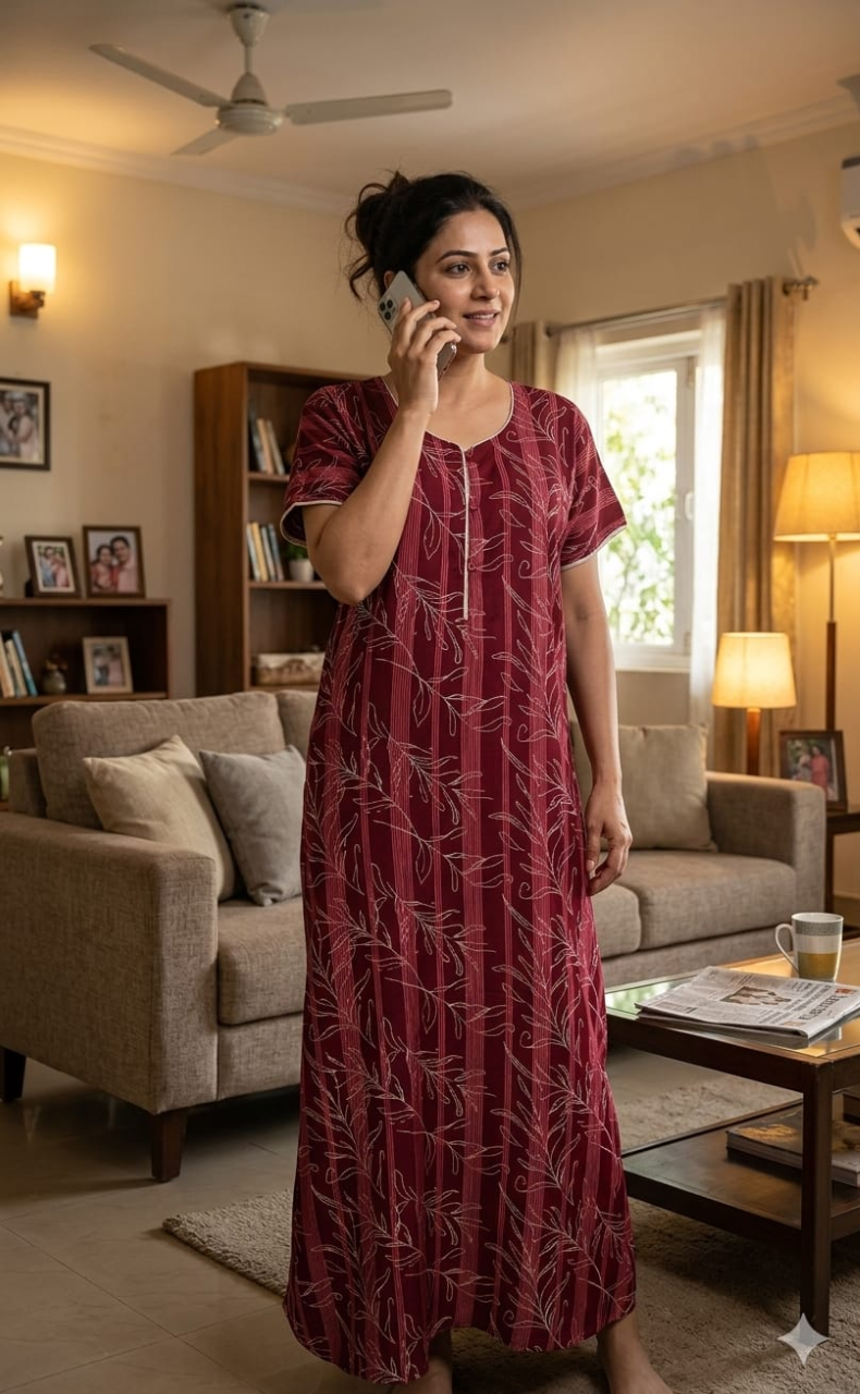 Maroon Leafy Spun Nighty. Flowy Spun Fabric | Laces and Frills - Laces and Frills