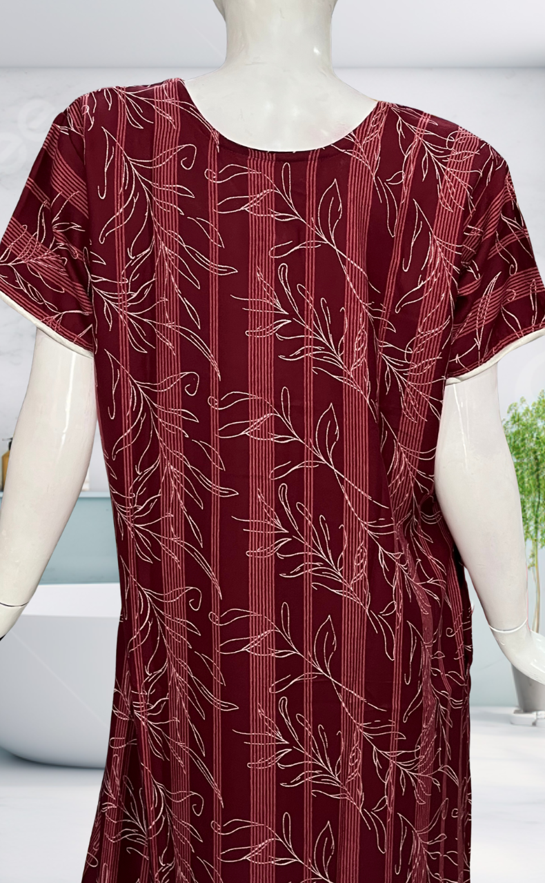 Maroon Leafy Spun Nighty. Flowy Spun Fabric | Laces and Frills