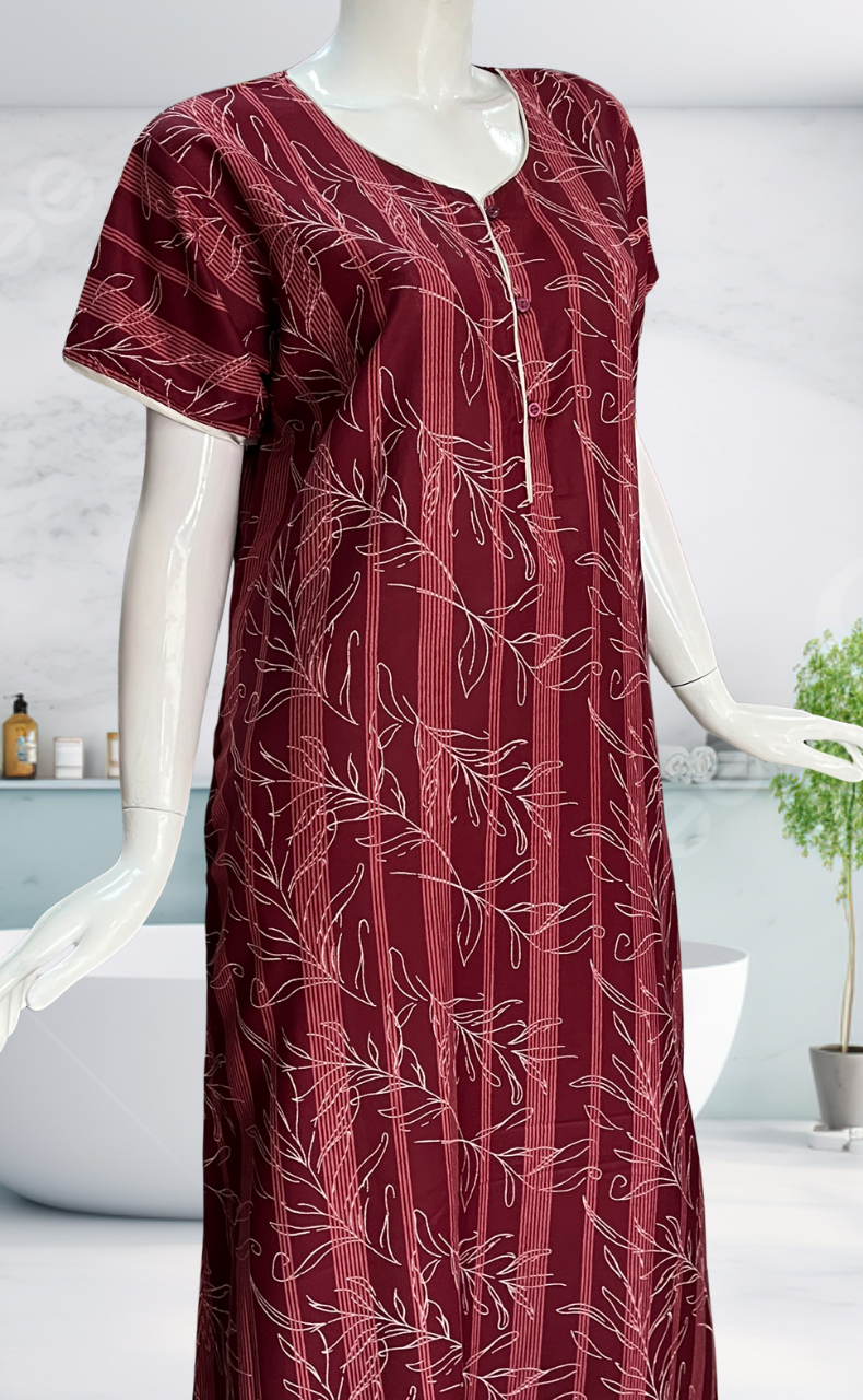 Maroon Leafy Spun Nighty. Flowy Spun Fabric | Laces and Frills