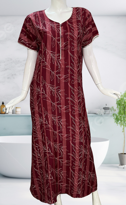 Maroon Leafy Spun Nighty. Flowy Spun Fabric | Laces and Frills