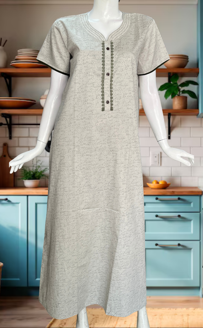 White Abstract Soft Cotton Nighty. Soft Breathable Fabric | Laces and Frills