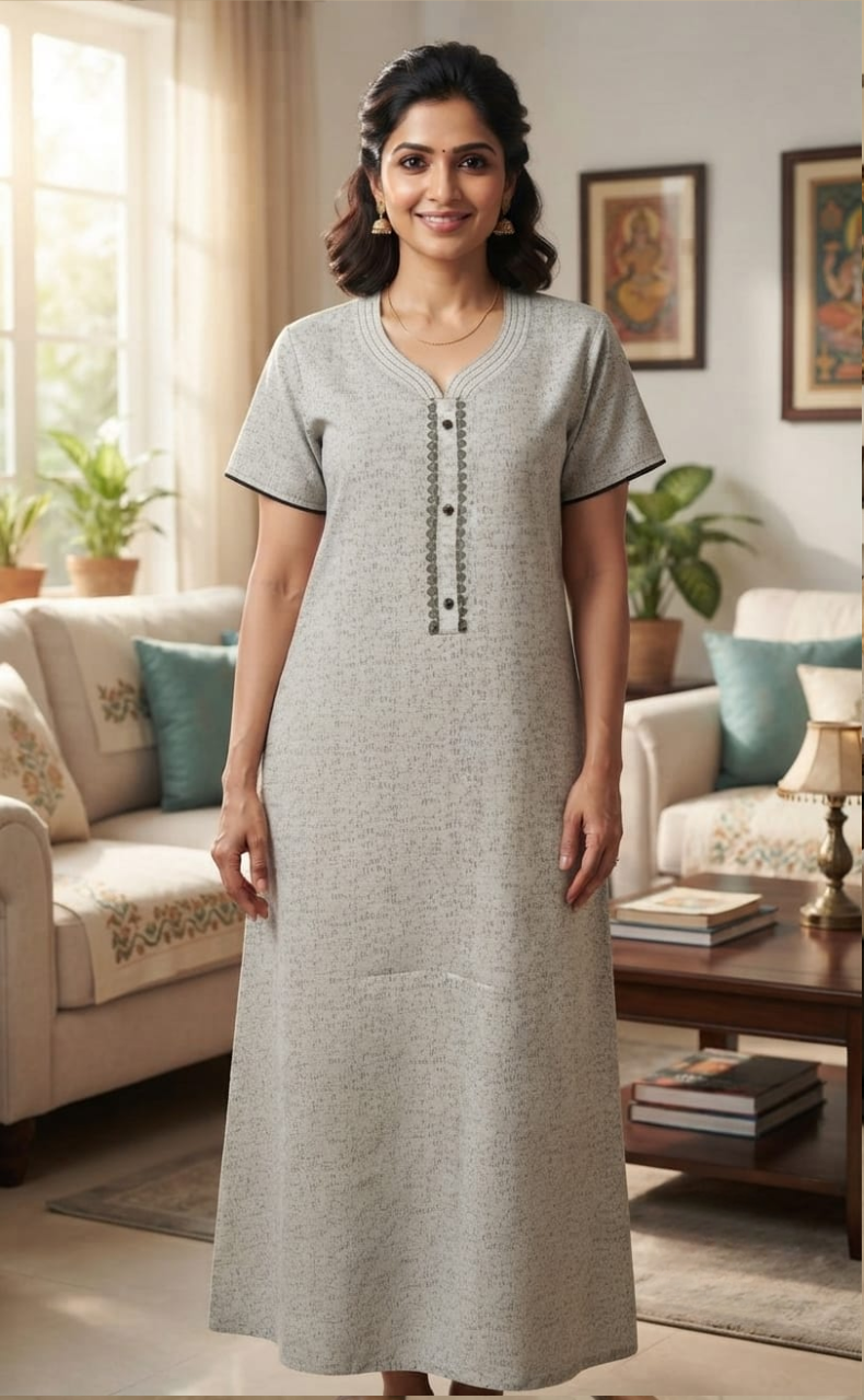 White Abstract Soft Cotton Nighty. Soft Breathable Fabric | Laces and Frills