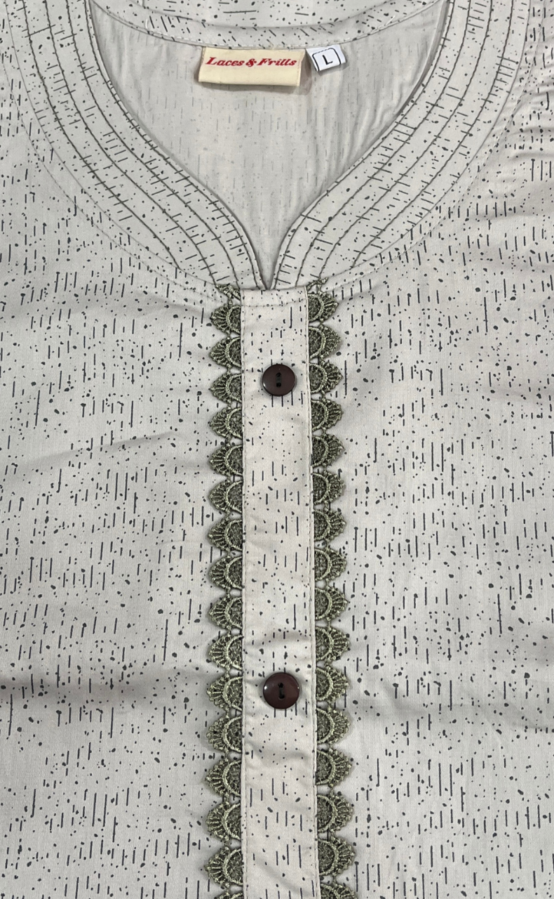 White Abstract Soft Cotton Nighty. Soft Breathable Fabric | Laces and Frills