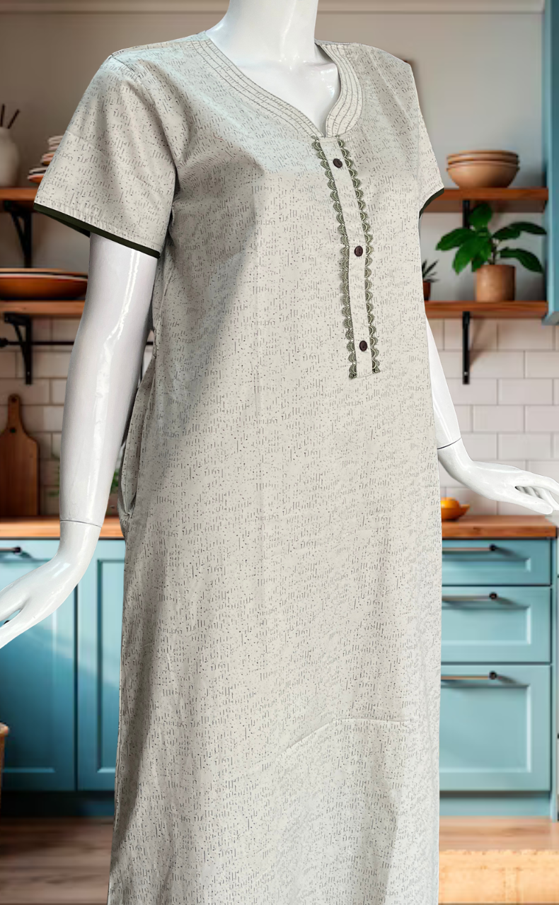 White Abstract Soft Cotton Nighty. Soft Breathable Fabric | Laces and Frills