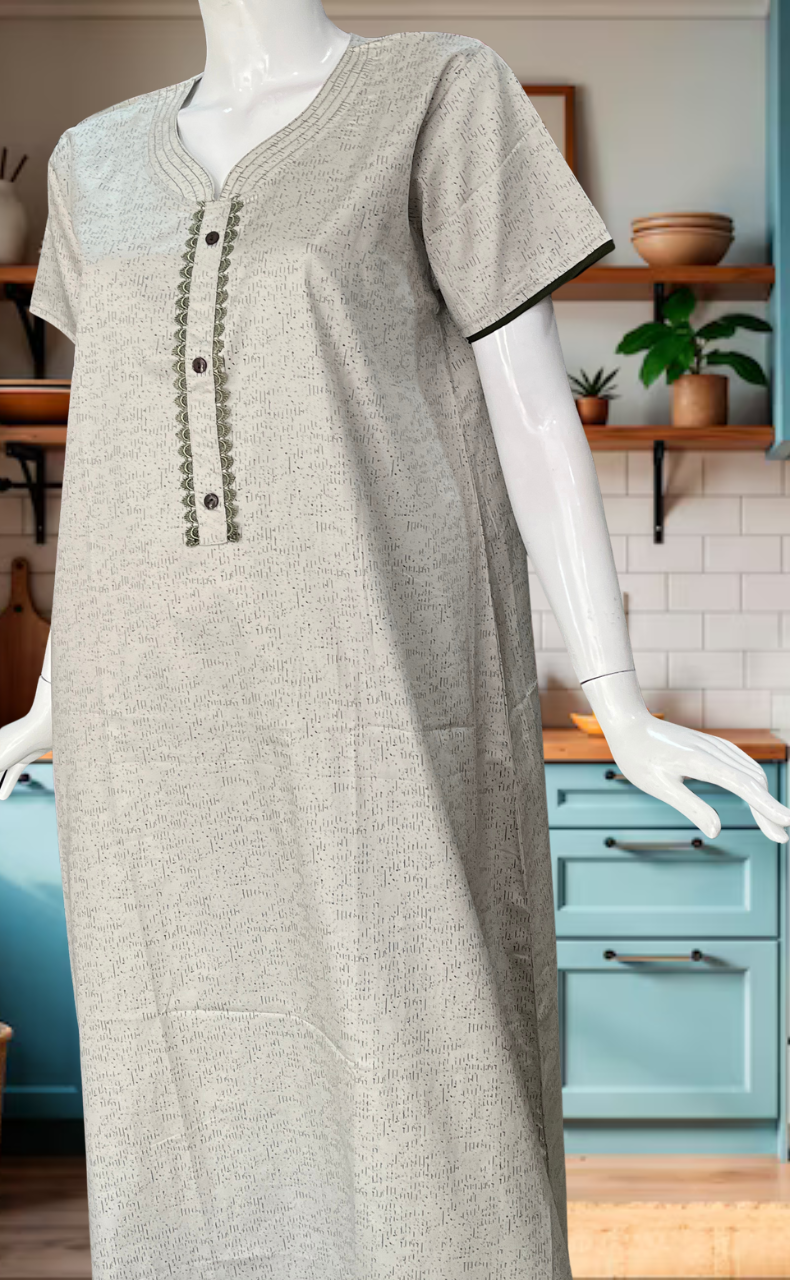 White Abstract Soft Cotton Nighty. Soft Breathable Fabric | Laces and Frills