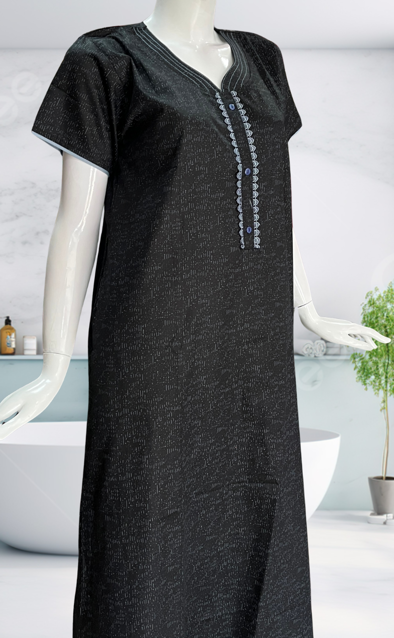 Black Abstract Soft Cotton Nighty. Soft Breathable Fabric | Laces and Frills