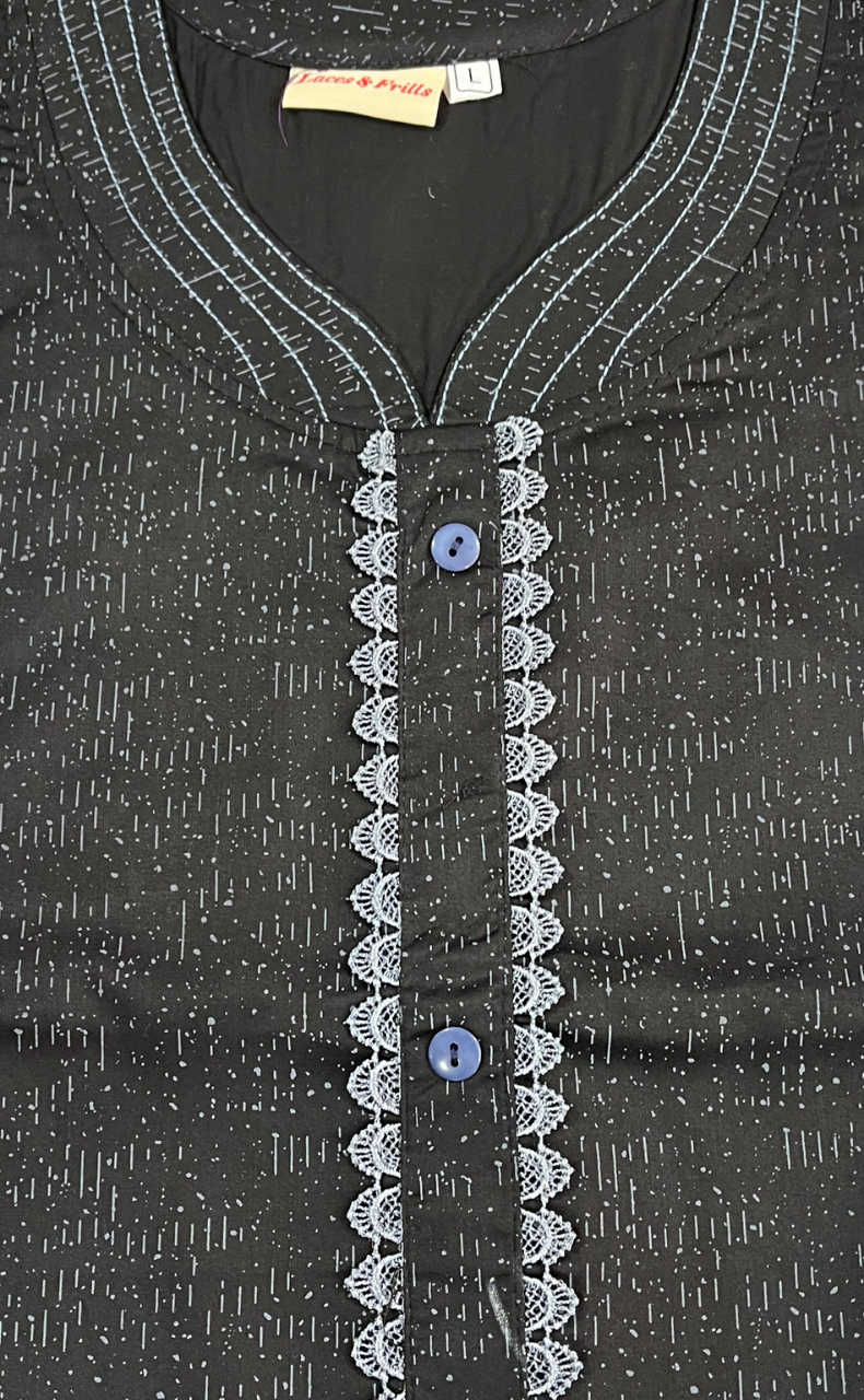 Black Abstract Soft Cotton Nighty. Soft Breathable Fabric | Laces and Frills