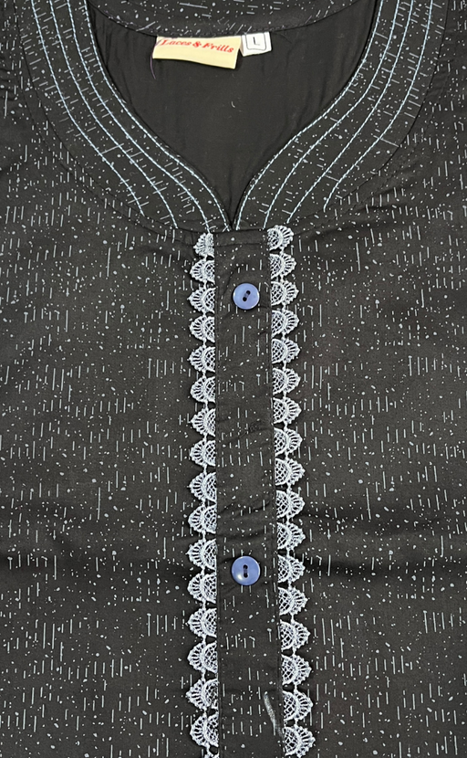 Black Abstract Soft Cotton Nighty. Soft Breathable Fabric | Laces and Frills