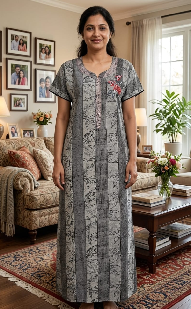Grey Leafy Spun Nighty. Flowy Spun Fabric | Laces and Frills