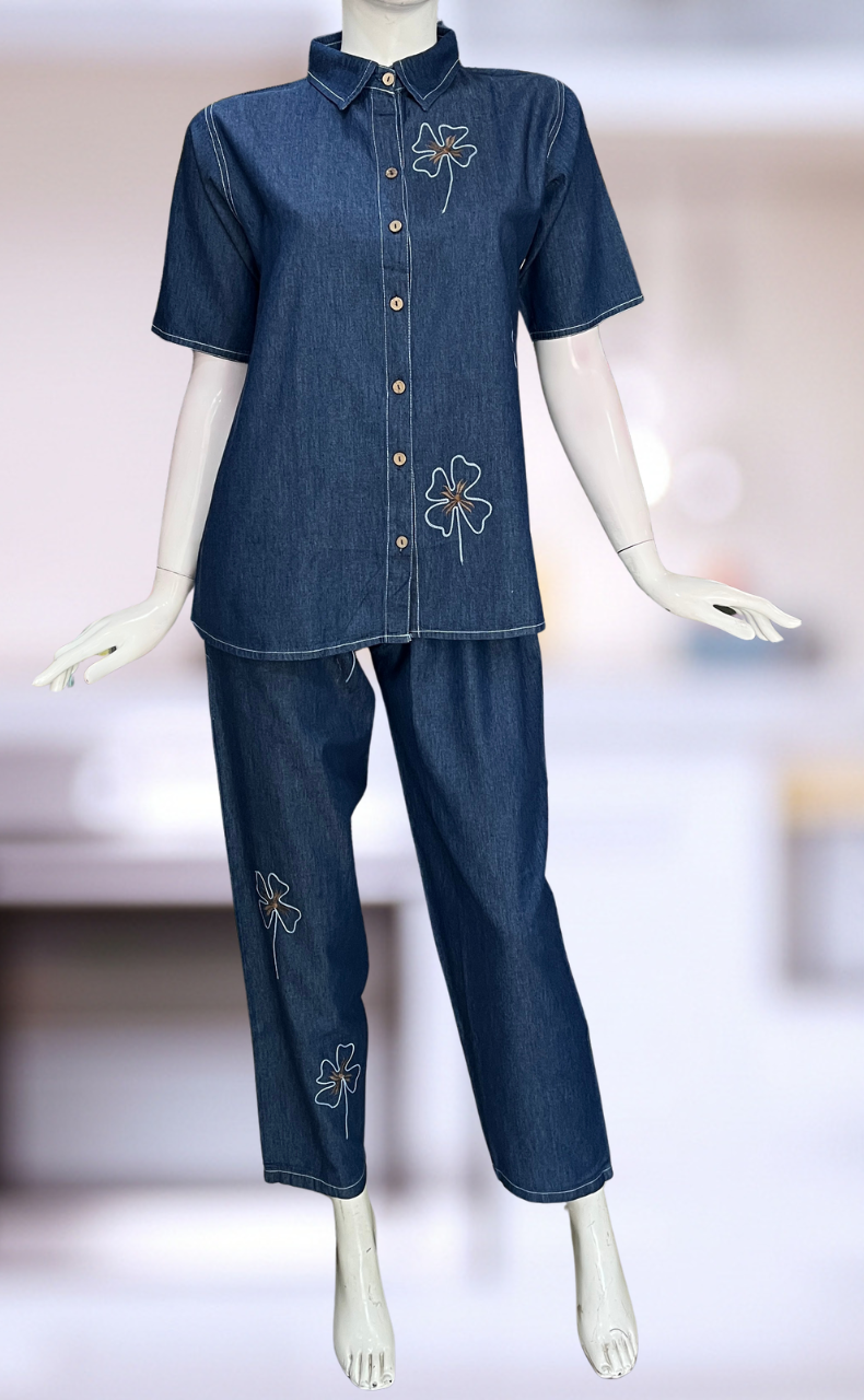 Navy Blue Flora Denim Co-ord Set. Denim Cotton | Laces and Frills - Laces and Frills