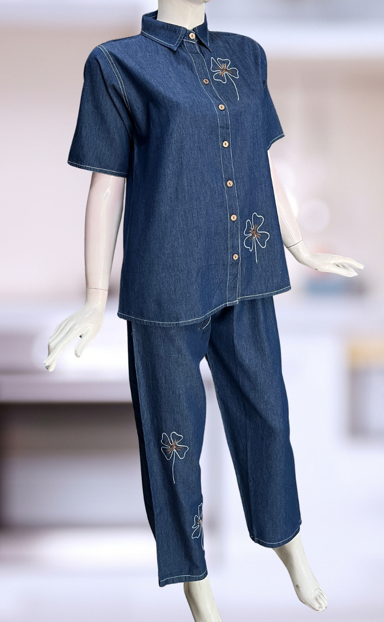 Navy Blue Flora Denim Co-ord Set. Denim Cotton | Laces and Frills - Laces and Frills