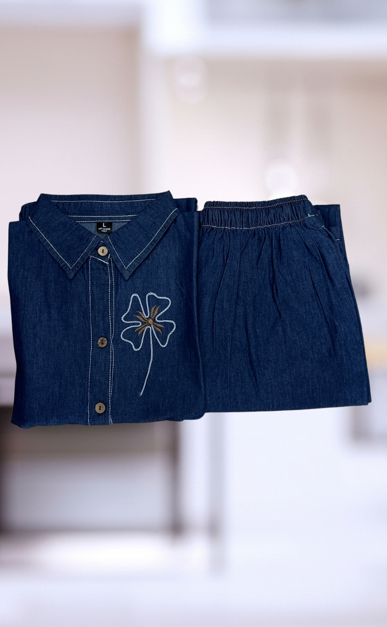 Navy Blue Flora Denim Co-ord Set. Denim Cotton | Laces and Frills - Laces and Frills