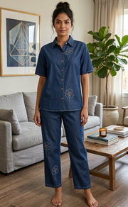 Navy Blue Flora Denim Co-ord Set. Denim Cotton | Laces and Frills - Laces and Frills