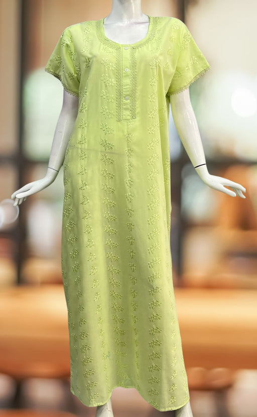 Pista Green Chikankari Boutique Cotton Nighty. Boutique Cotton | Laces and Frills - Laces and Frills