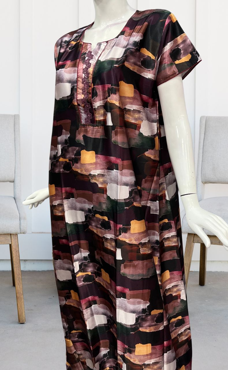 Dark Maroon Abstract Satin Nighty. Smooth Satin | Laces and Frills - Laces and Frills