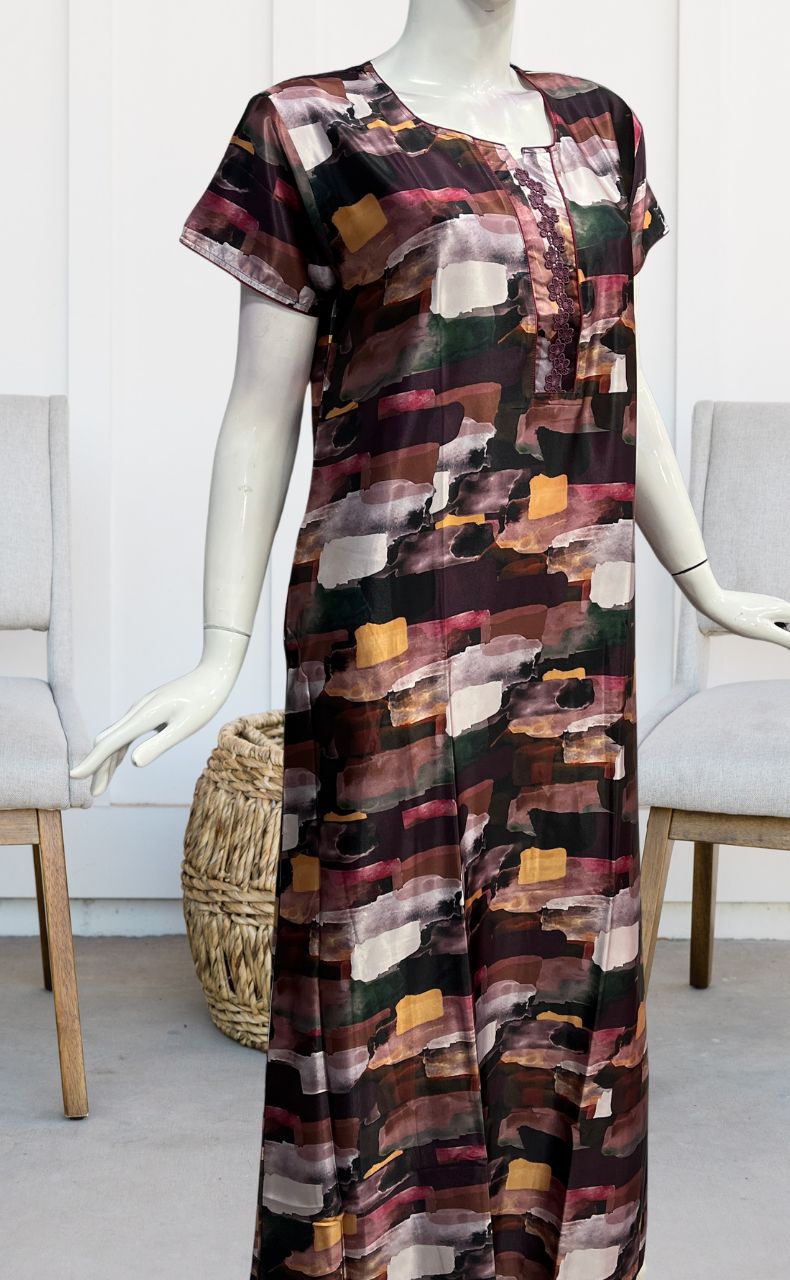 Dark Maroon Abstract Satin Nighty. Smooth Satin | Laces and Frills - Laces and Frills