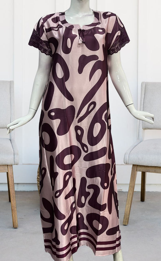 Light Pink/Wine Colour Abstract Satin Nighty. Smooth Satin | Laces and Frills - Laces and Frills
