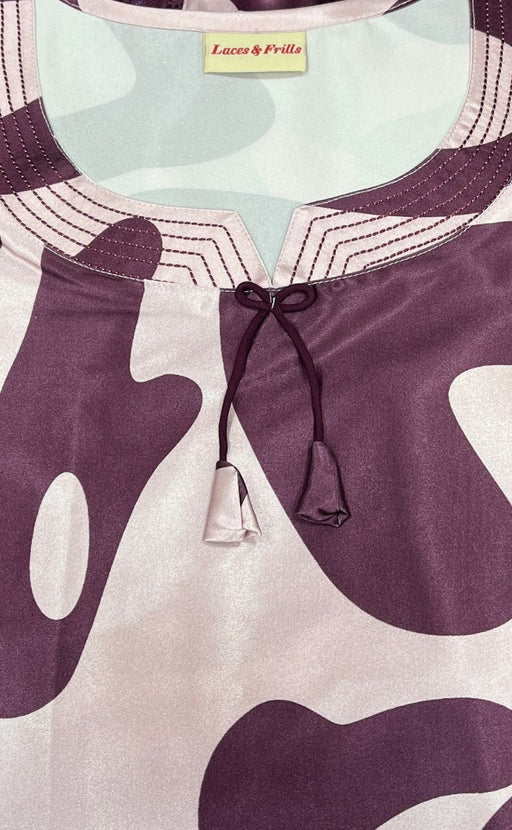 Light Pink/Wine Colour Abstract Satin Nighty. Smooth Satin | Laces and Frills - Laces and Frills