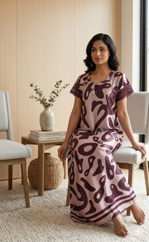 Light Pink/Wine Colour Abstract Satin Nighty. Smooth Satin | Laces and Frills - Laces and Frills